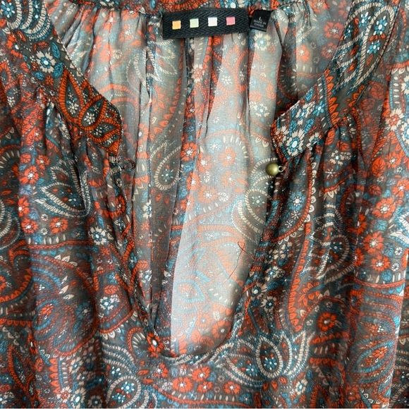 Pleione 100% Silk Paisley Smocked Waist Blouse Large Nordstrom Boho Peplum Top - Picture 4 of 13